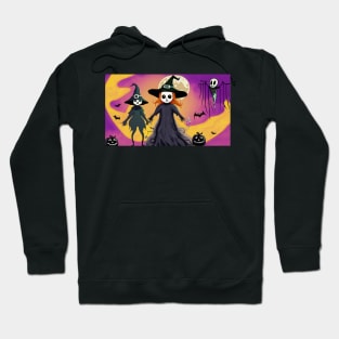 Two skeleton witches standing next to each other in front of a full moon Hoodie